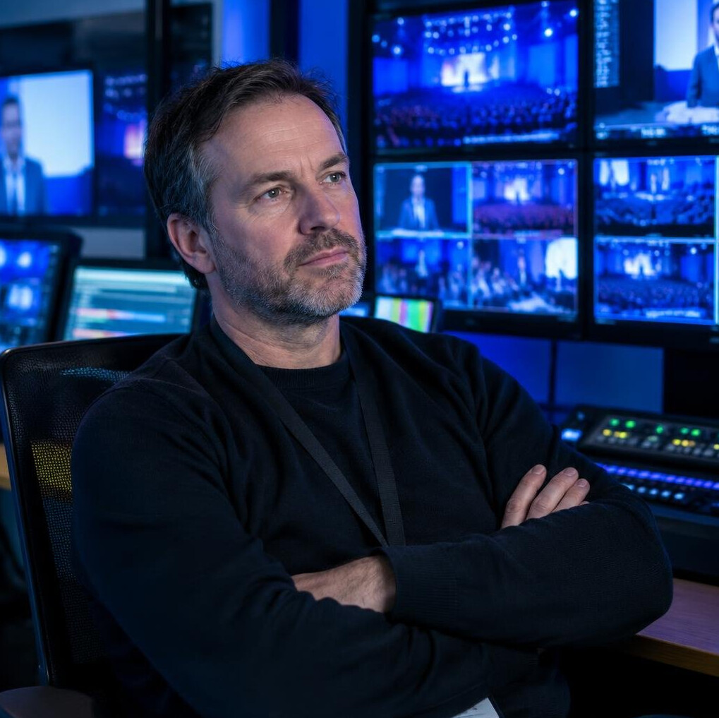 White British show director watching production monitors