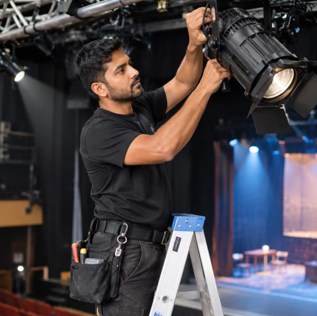 South Asian lighting technician adjusting a stage lighting rig