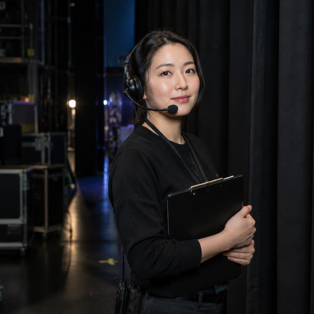 East Asian stage manager with a headset and clipboard backstage