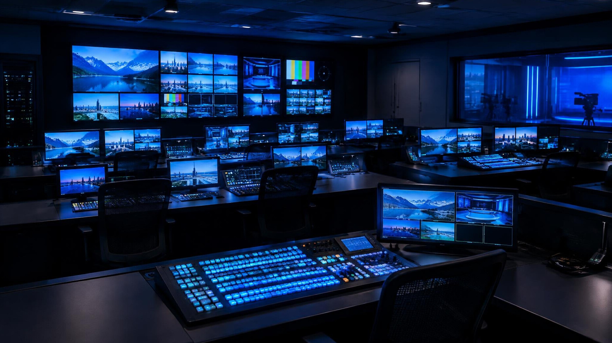 Empty broadcast control room with rows of video monitors