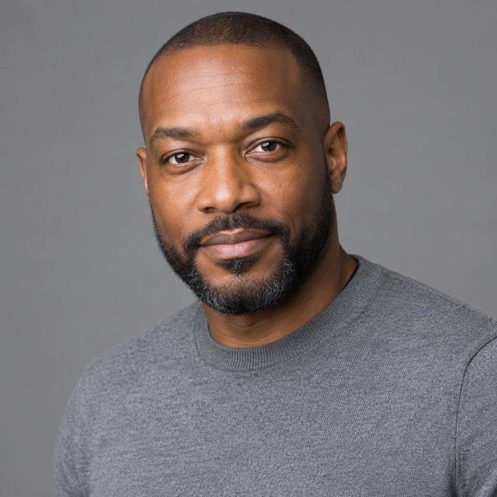 Black British man, lighting designer, studio portrait