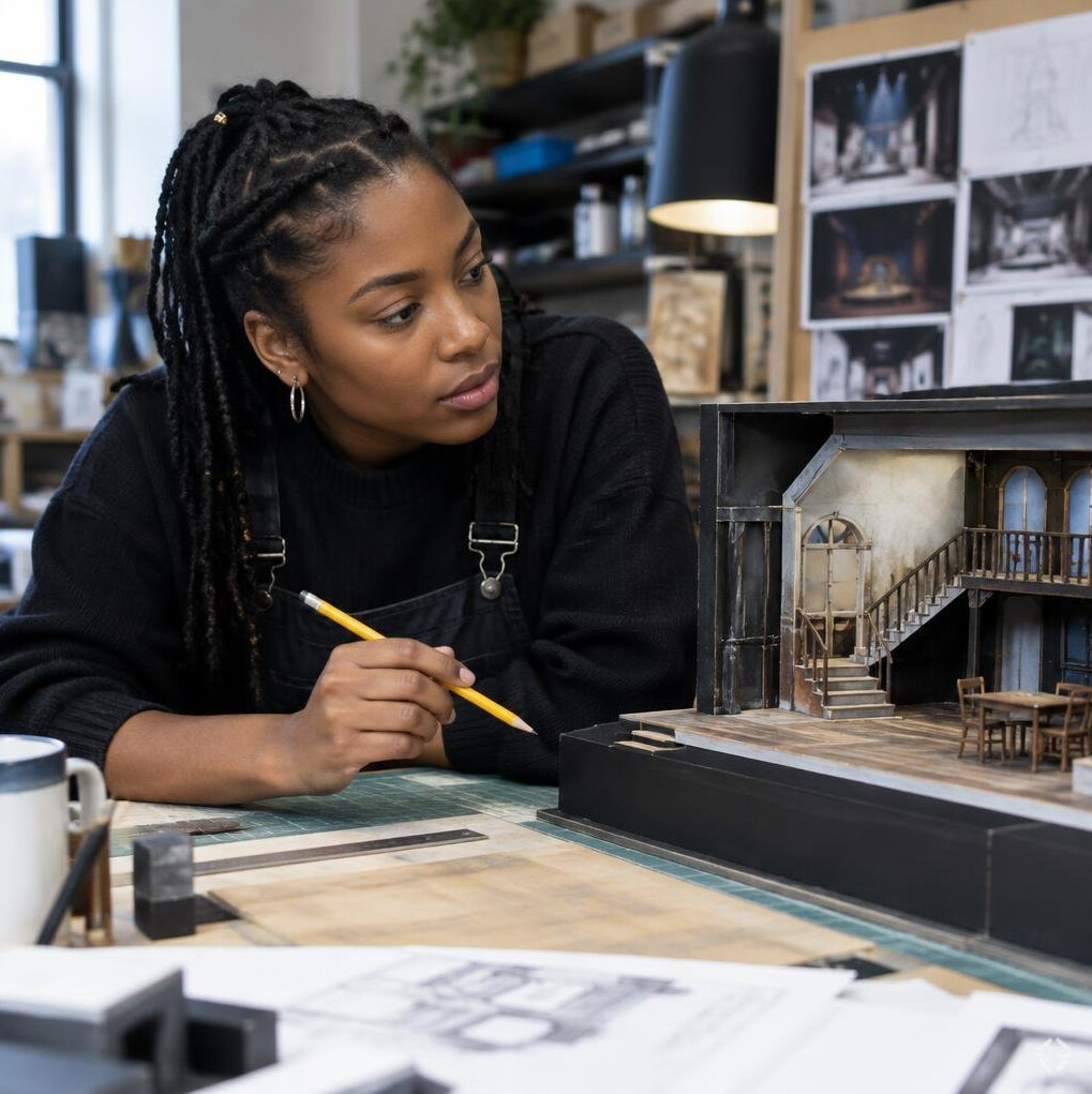 Black British set designer reviewing a stage model