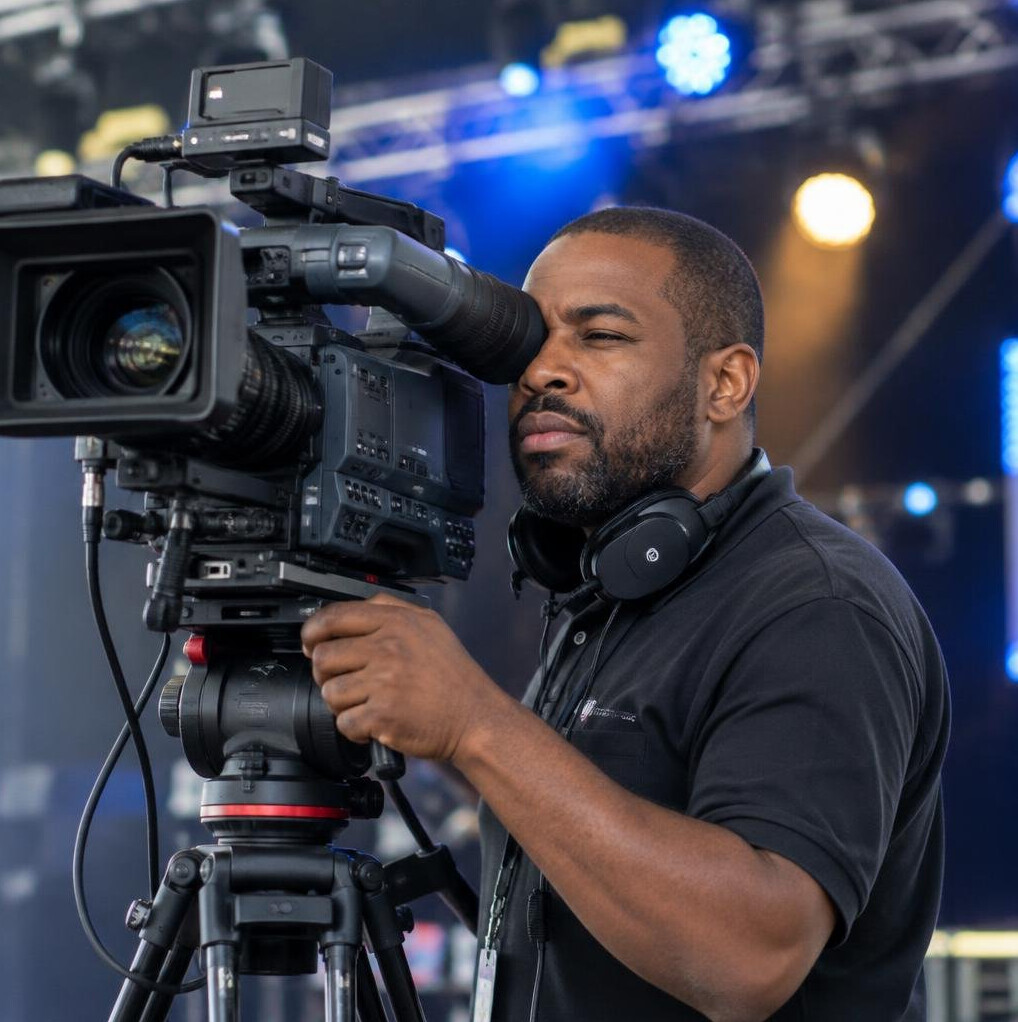 Black British camera operator filming with a broadcast camera