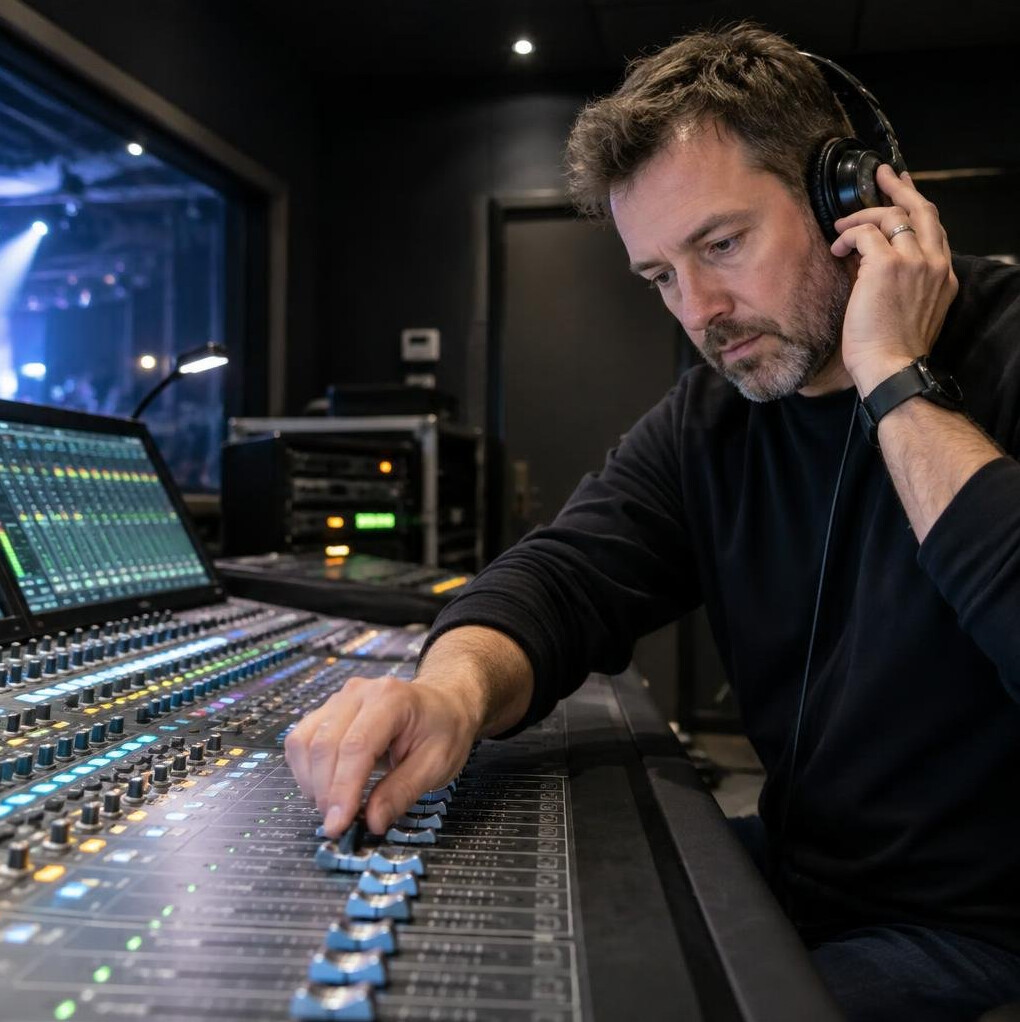 White British sound engineer working at an audio mixing console
